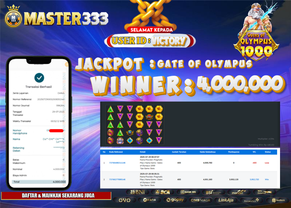MASTER333 JACKPOT SLOT Gates Of Olympus 1000  Rp.4,000,000.,- LUNAS